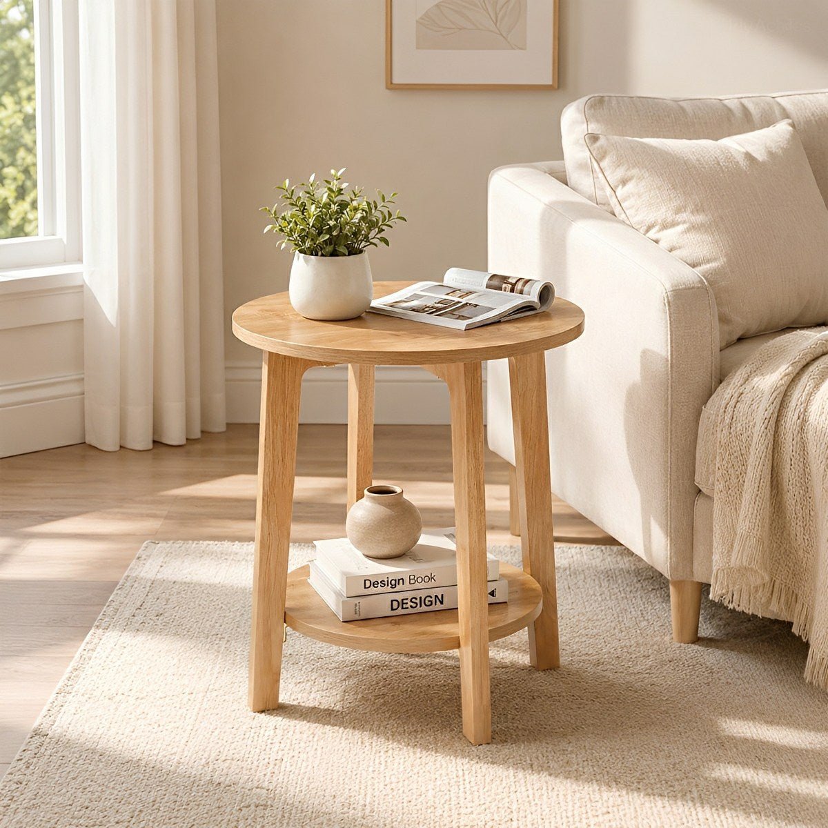 Small Round Wooden Side Table – Double Layer Shelves - Flare Shack