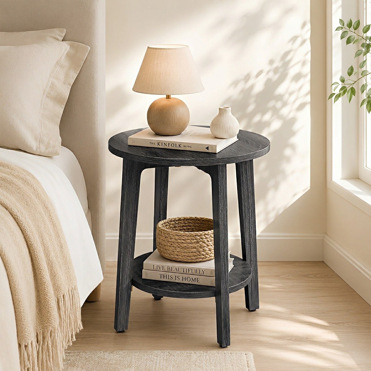 Small Round Wooden Side Table – Double Layer Shelves - Flare Shack