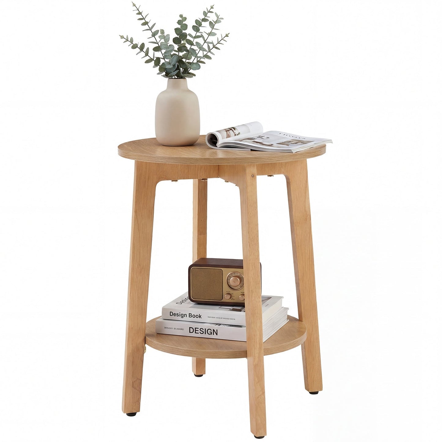 Small Round Wooden Side Table – Double Layer Shelves
