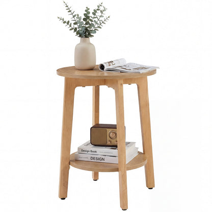 Small Round Wooden Side Table – Double Layer Shelves