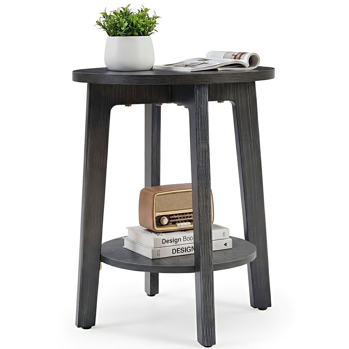 Small Round Wooden Side Table – Double Layer Shelves