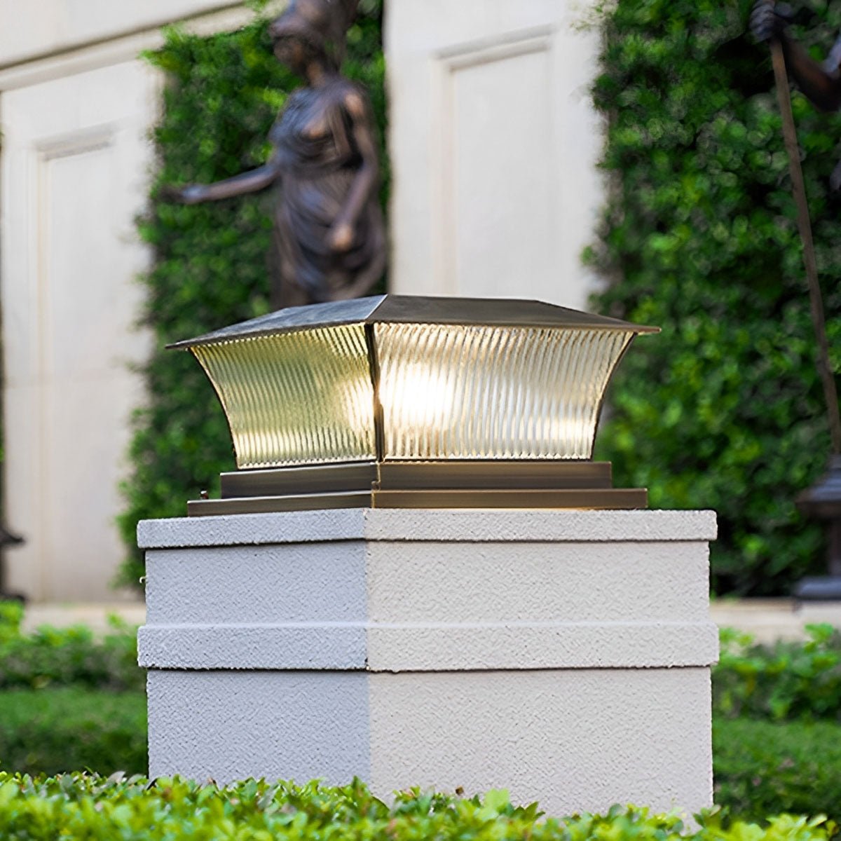 Solar Waterproof Copper Square Tower Striped Glass LED Outdoor Post Lights - Flare Shack