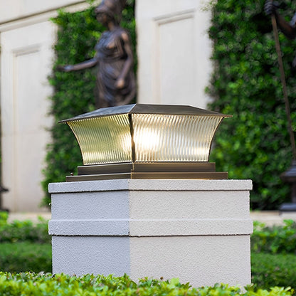 Solar Waterproof Copper Square Tower Striped Glass LED Outdoor Post Lights - Flare Shack