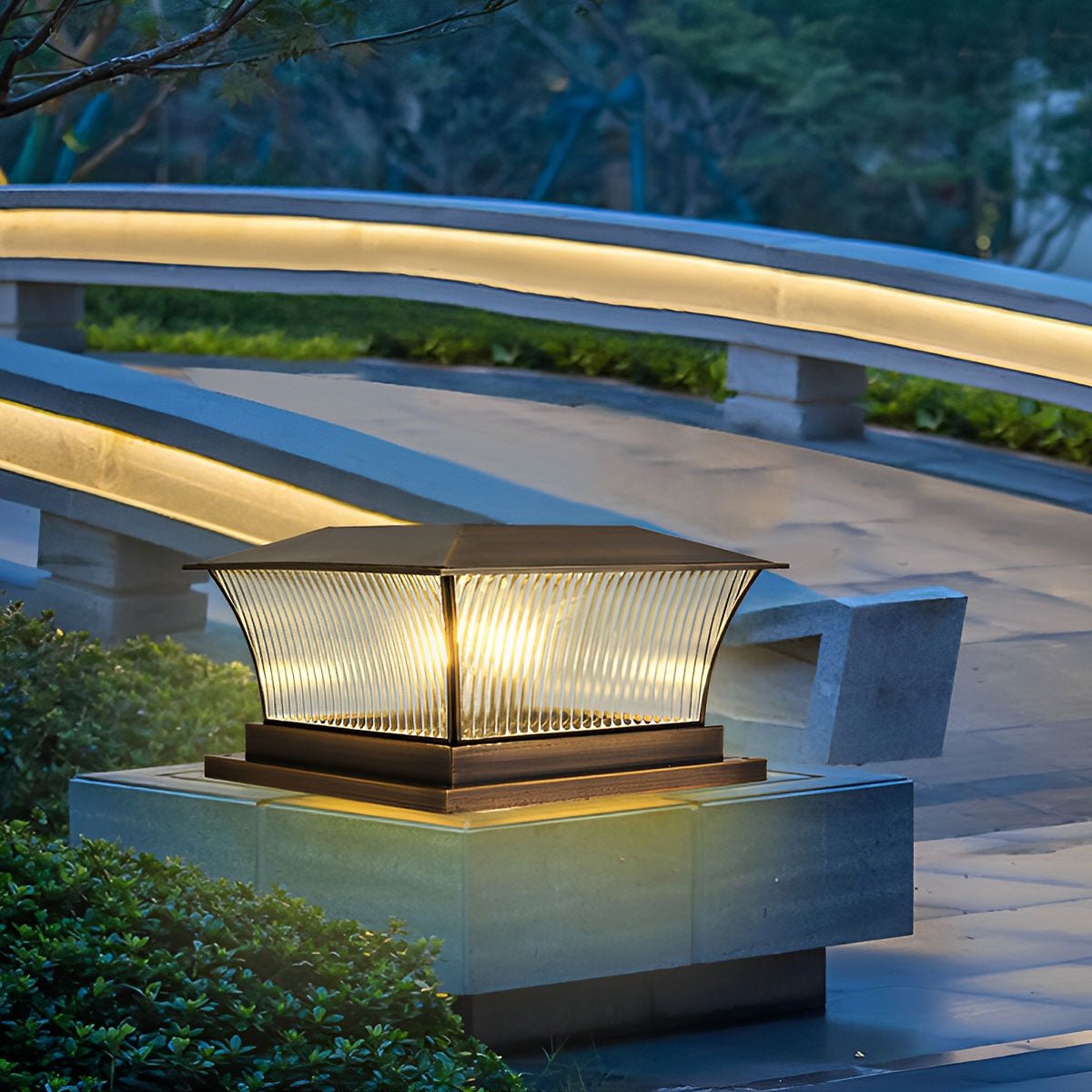 Solar Waterproof Copper Square Tower Striped Glass LED Outdoor Post Lights - Flare Shack