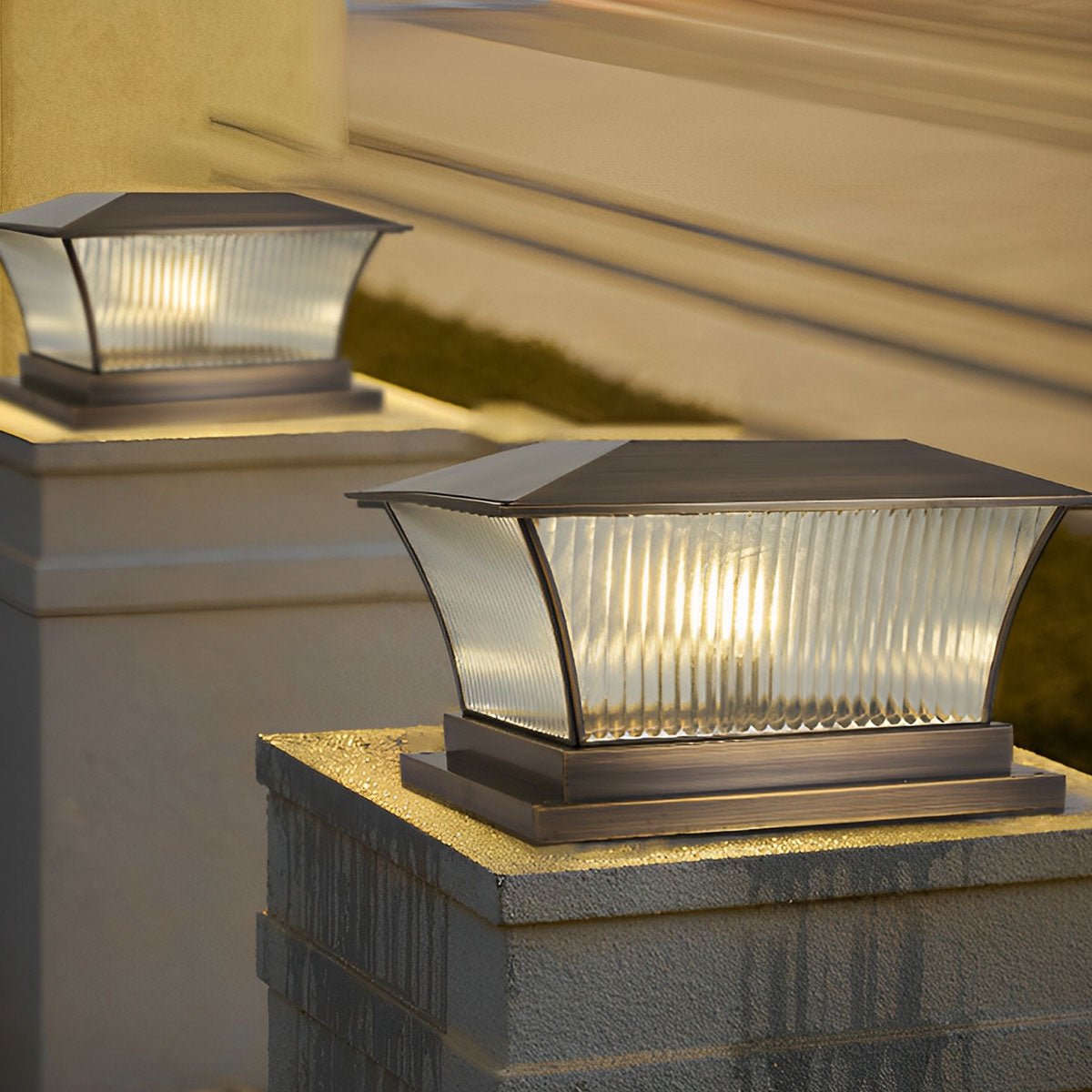 Solar Waterproof Copper Square Tower Striped Glass LED Outdoor Post Lights - Flare Shack