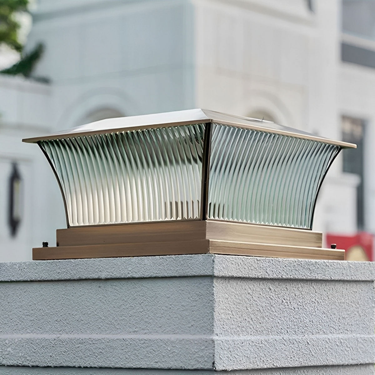 Waterproof Copper Square Tower Striped Glass LED Outdoor Post Lights