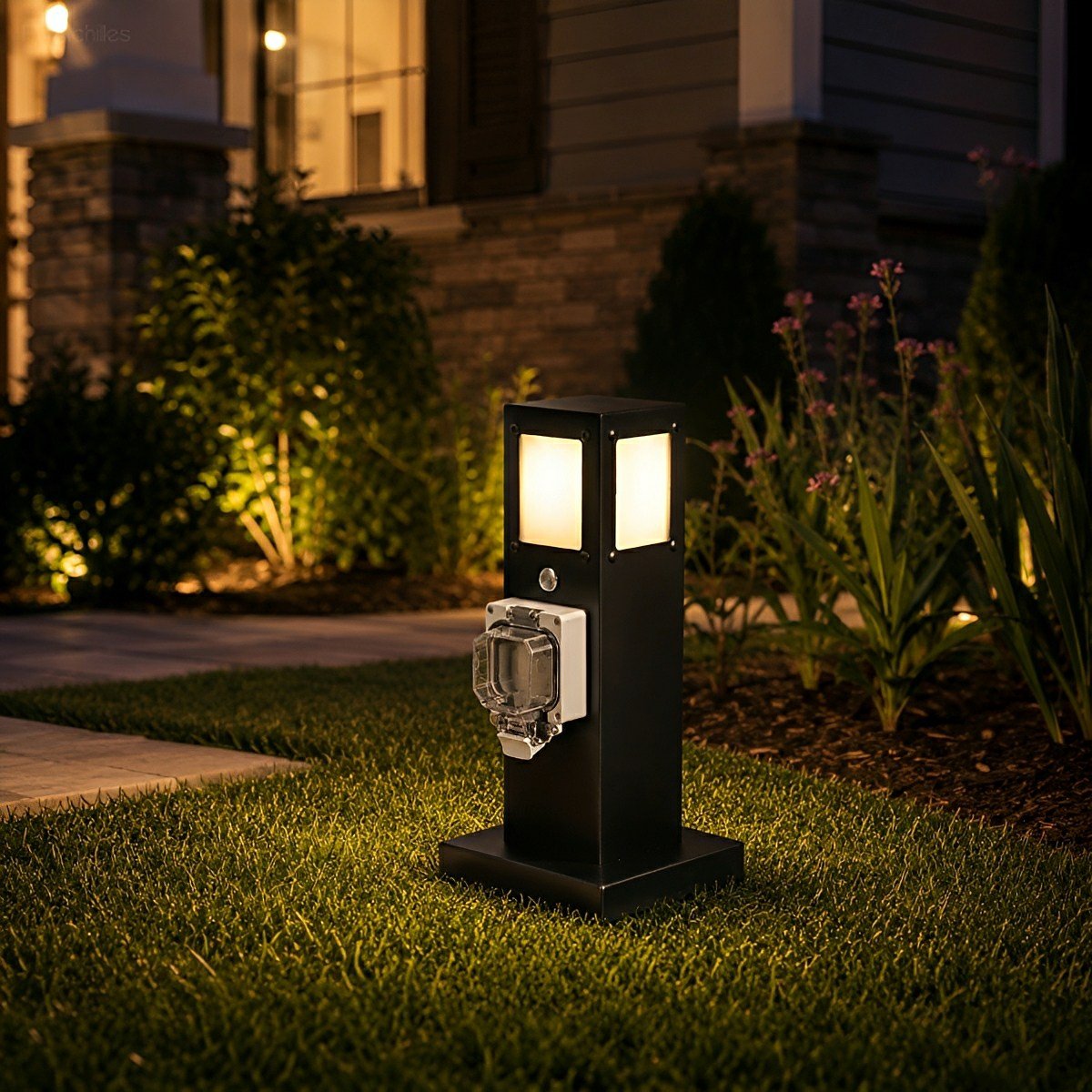 Steel Outdoor Waterproof Pathway Lights with GFCI-Protected Outlet