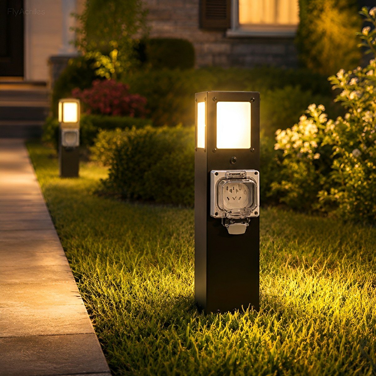 Steel Waterproof Outdoor Pathway Light with GFCI-Protected Outlet - Flare Shack