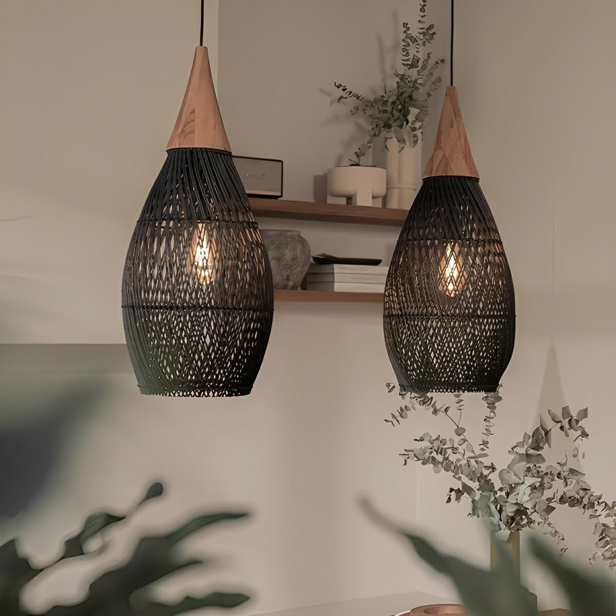 Teardrop - shaped Handmade Rattan Pendant Light – Boho Woven Hanging Lamp - Flare Shack