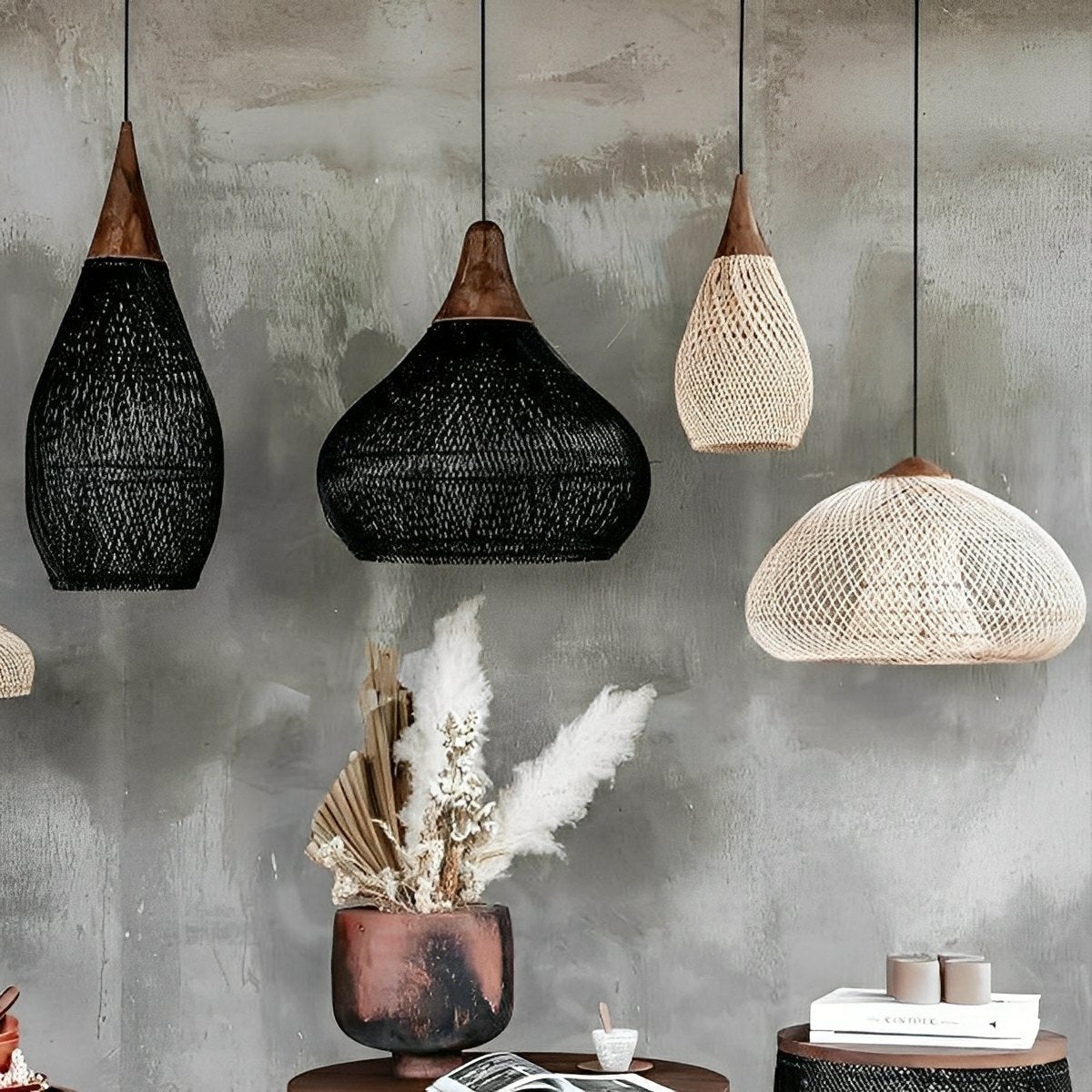 Teardrop-shaped Handmade Rattan Pendant Light – Boho Woven Hanging Lamp