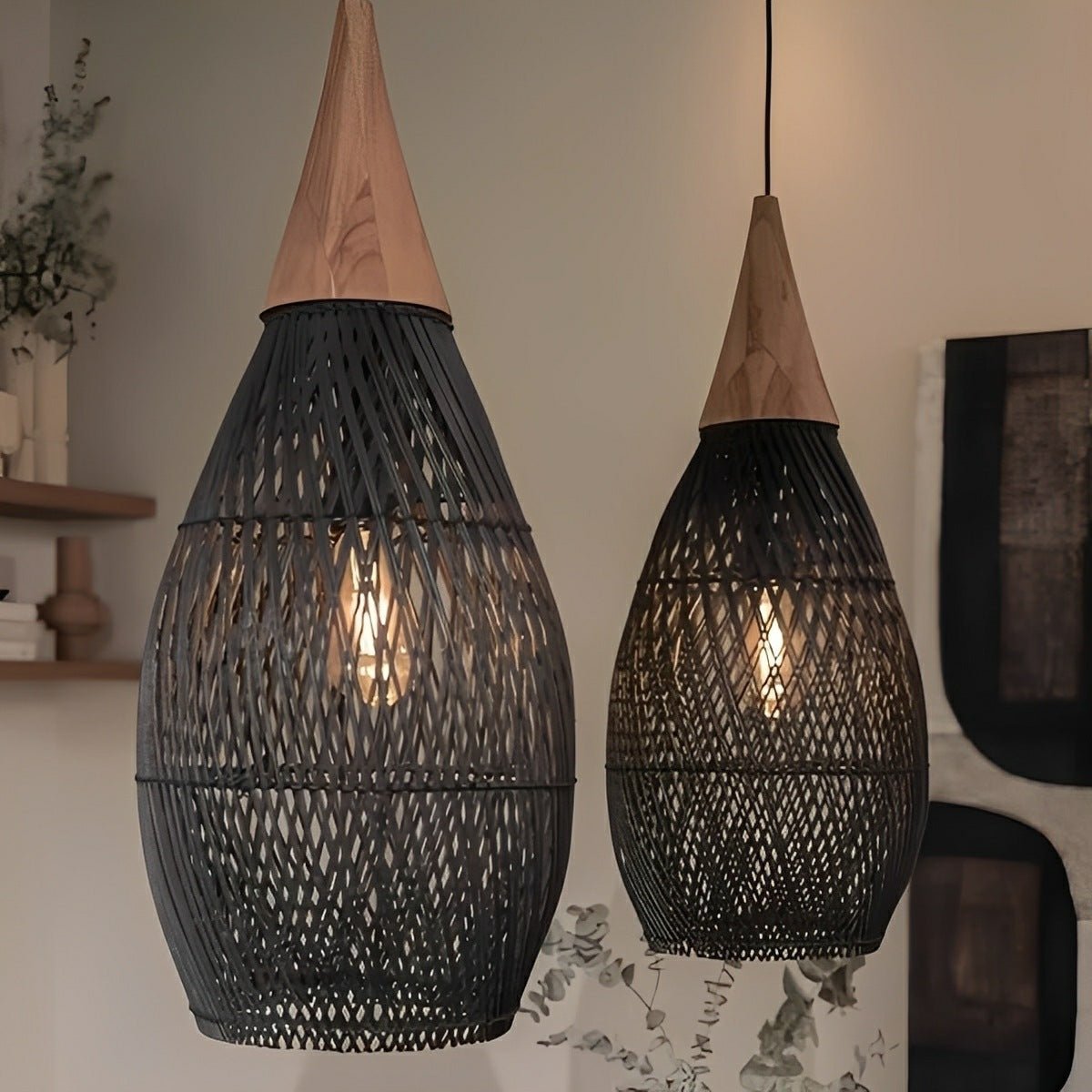 Teardrop - shaped Handmade Rattan Pendant Light – Boho Woven Hanging Lamp - Flare Shack