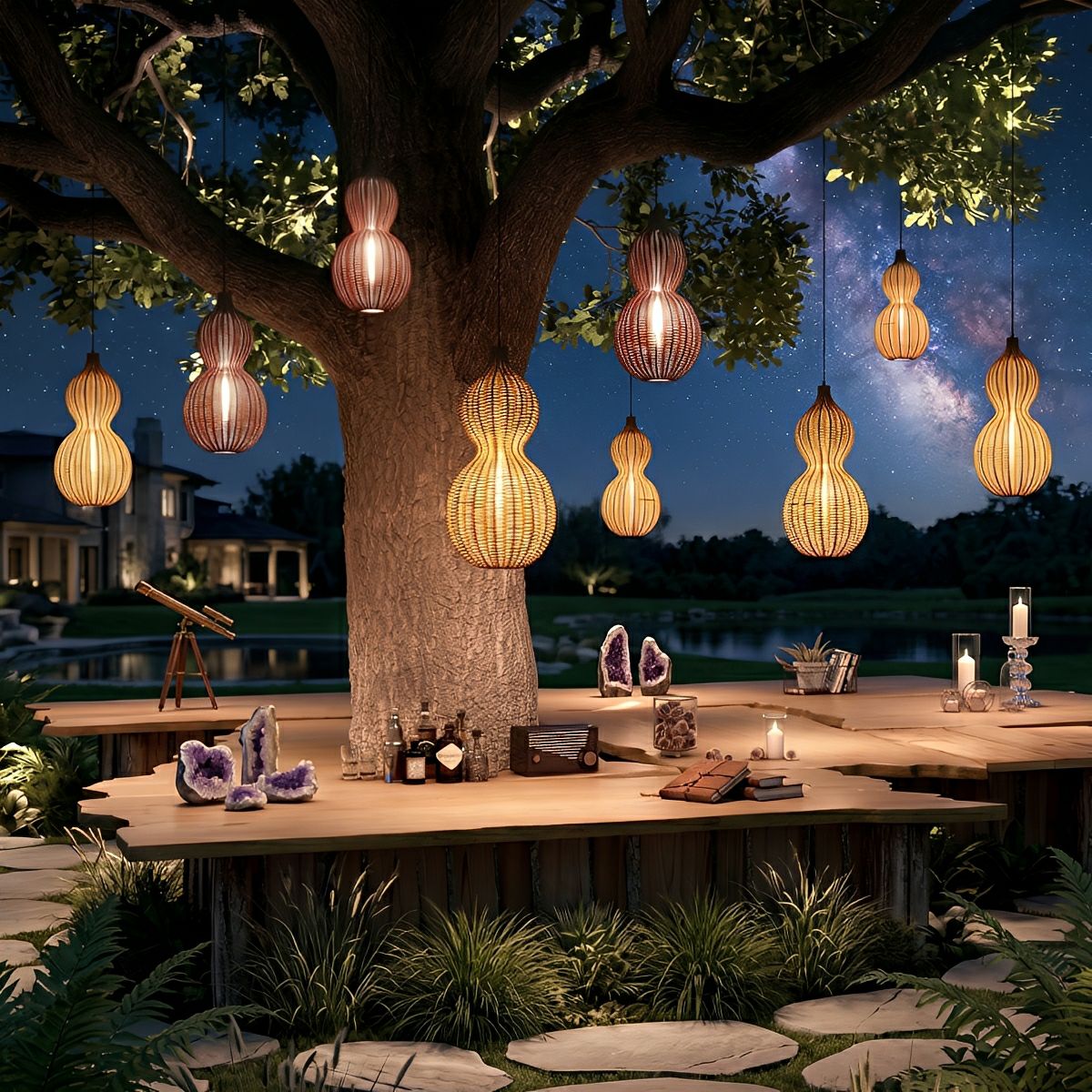Waterproof Coastal Gourd Handwoven Rattan Outdoor Pendant Lights