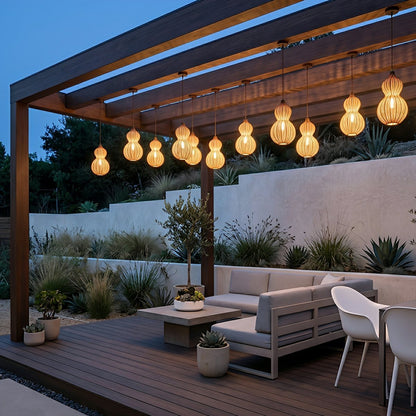 Waterproof Coastal Gourd Handwoven Rattan Outdoor Pendant Lights - Flare Shack
