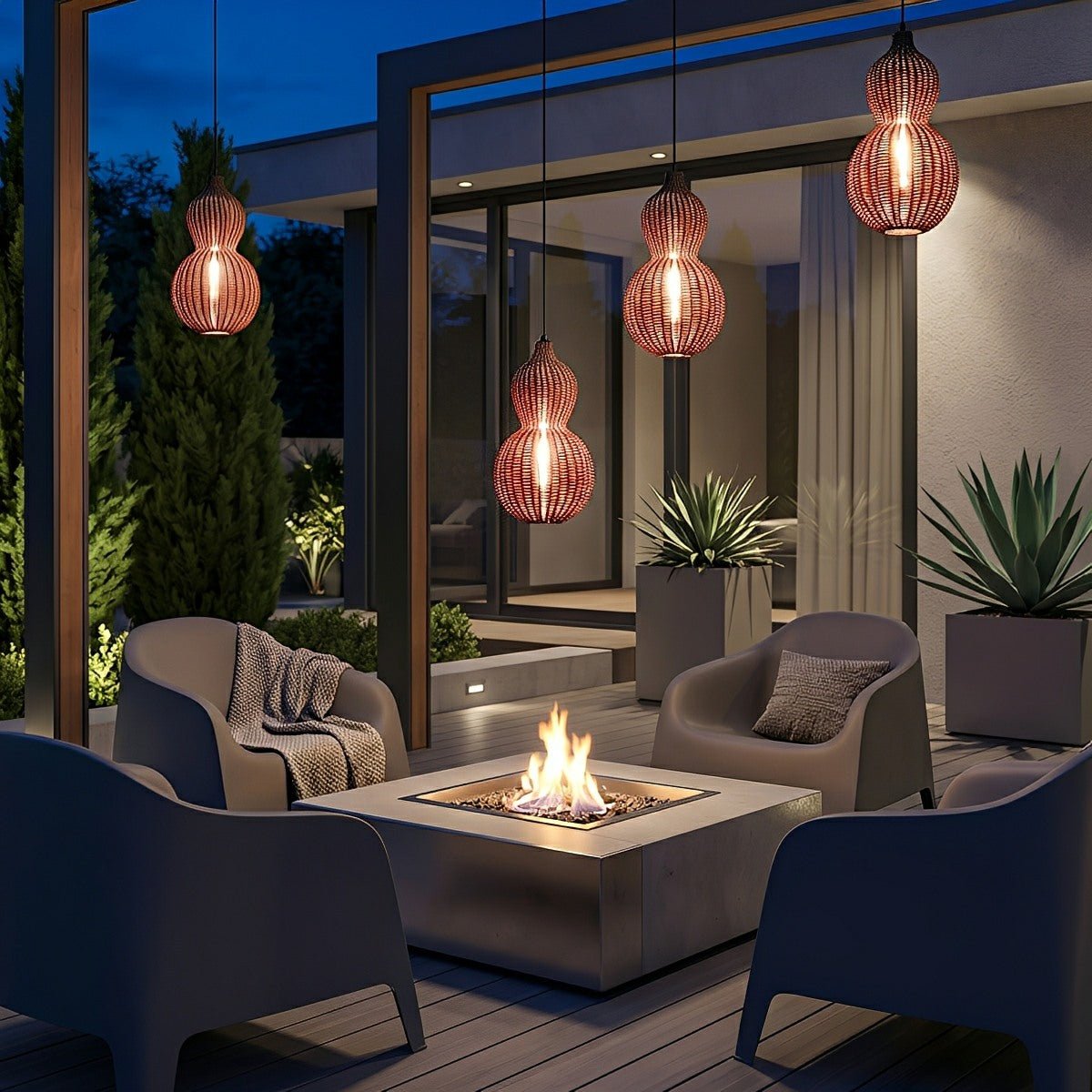 Waterproof Coastal Gourd Handwoven Rattan Outdoor Pendant Lights - Flare Shack