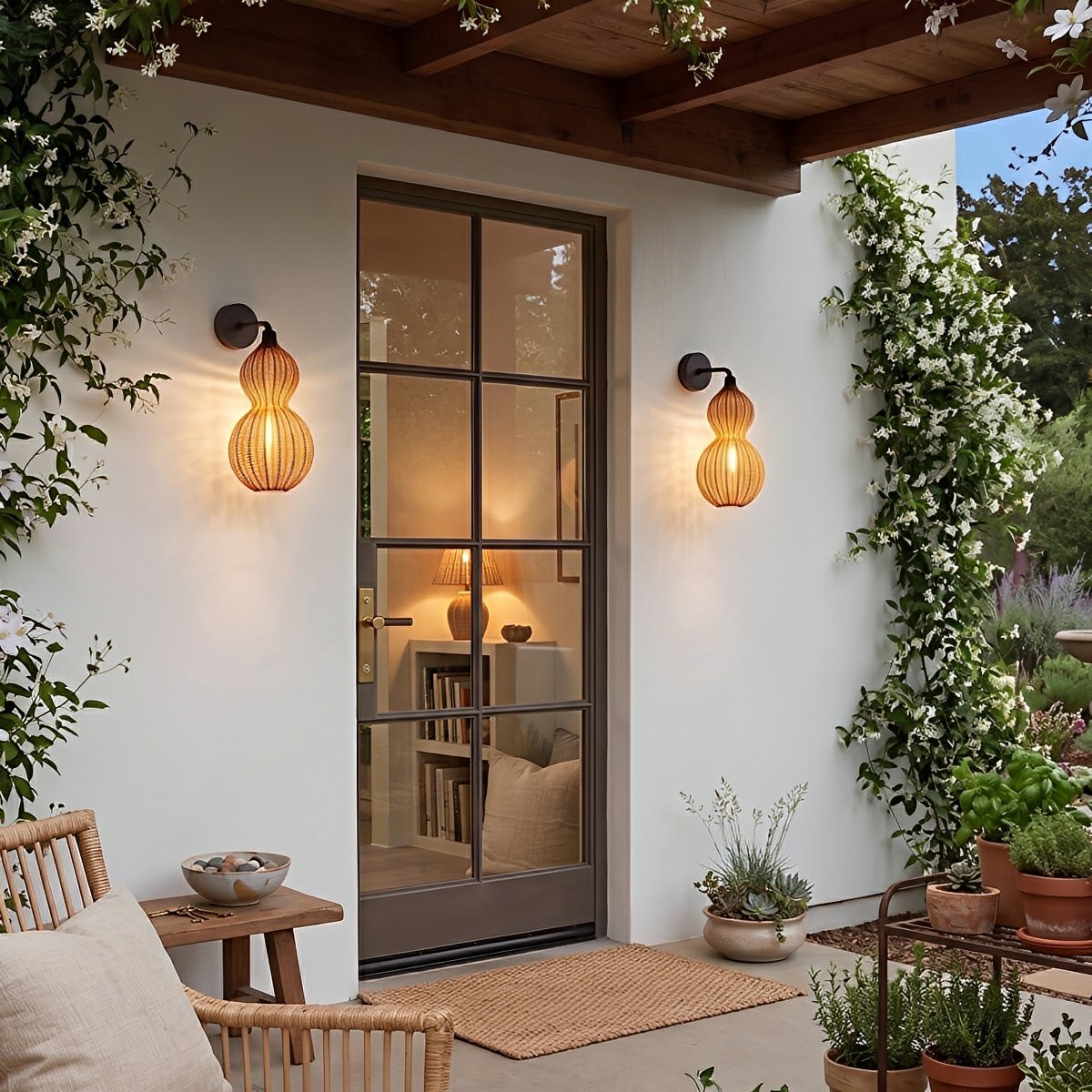Waterproof Coastal Gourd Handwoven Rattan Outdoor Wall Lights - Flare Shack