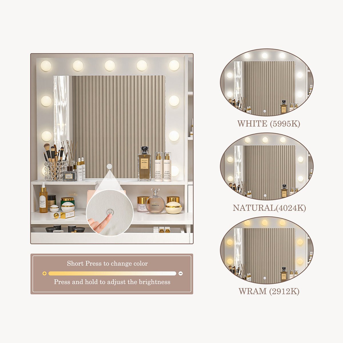 White Makeup Vanities Dressing table With  LED Mirror & 3 Drawers
