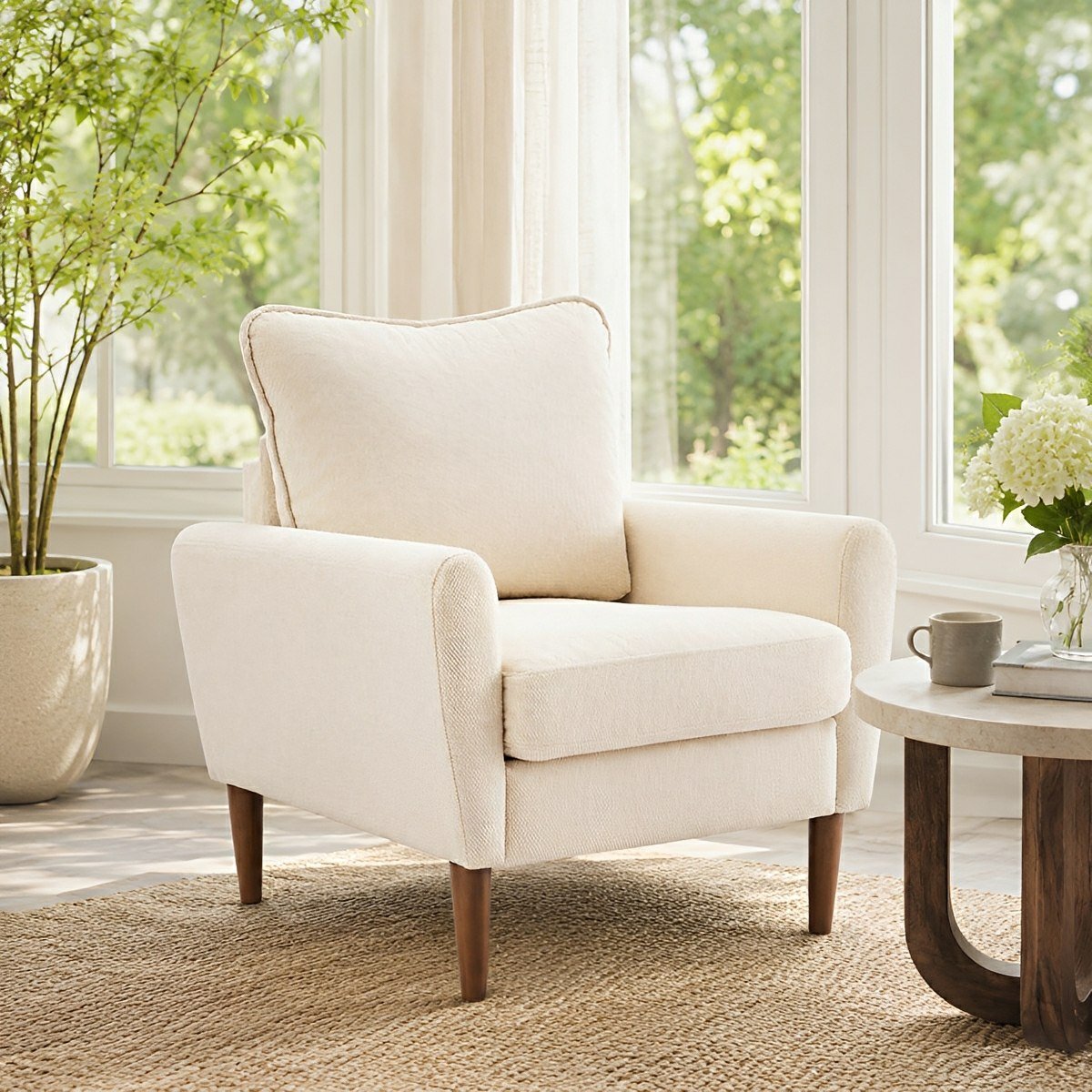Wide Reading Chair – Cushioned Seat, Wood Legs, Modern