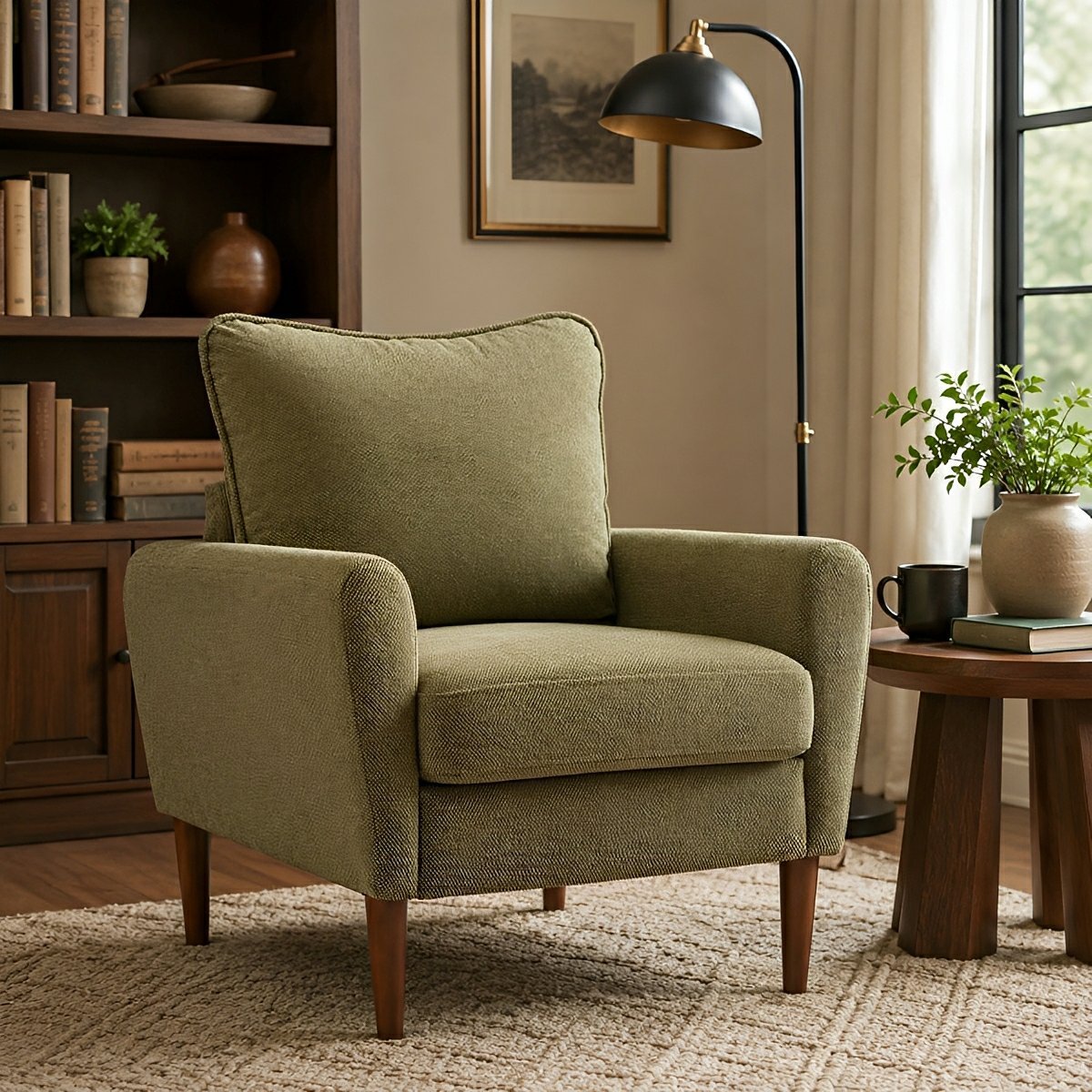 Wide Reading Chair – Cushioned Seat, Wood Legs, Modern