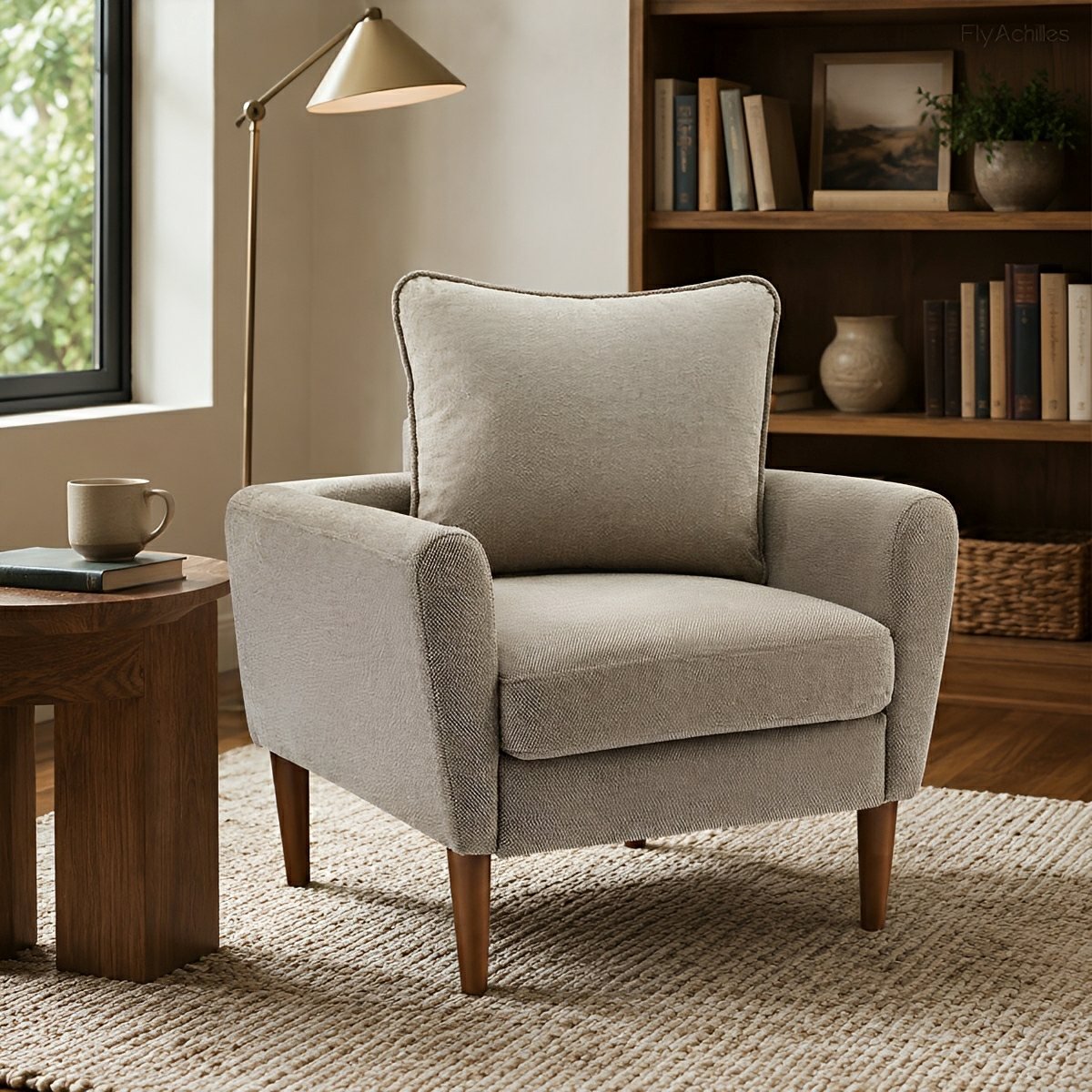 Wide Reading Chair – Cushioned Seat, Wood Legs, Modern