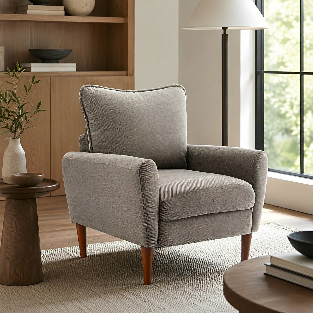 Wide Reading Chair – Cushioned Seat, Wood Legs, Modern - Flare Shack