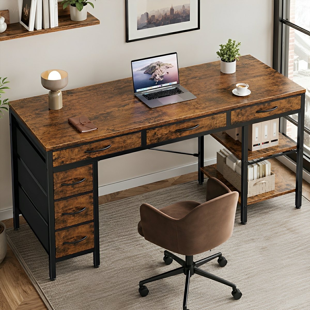 Wood Desk Office With Drawers