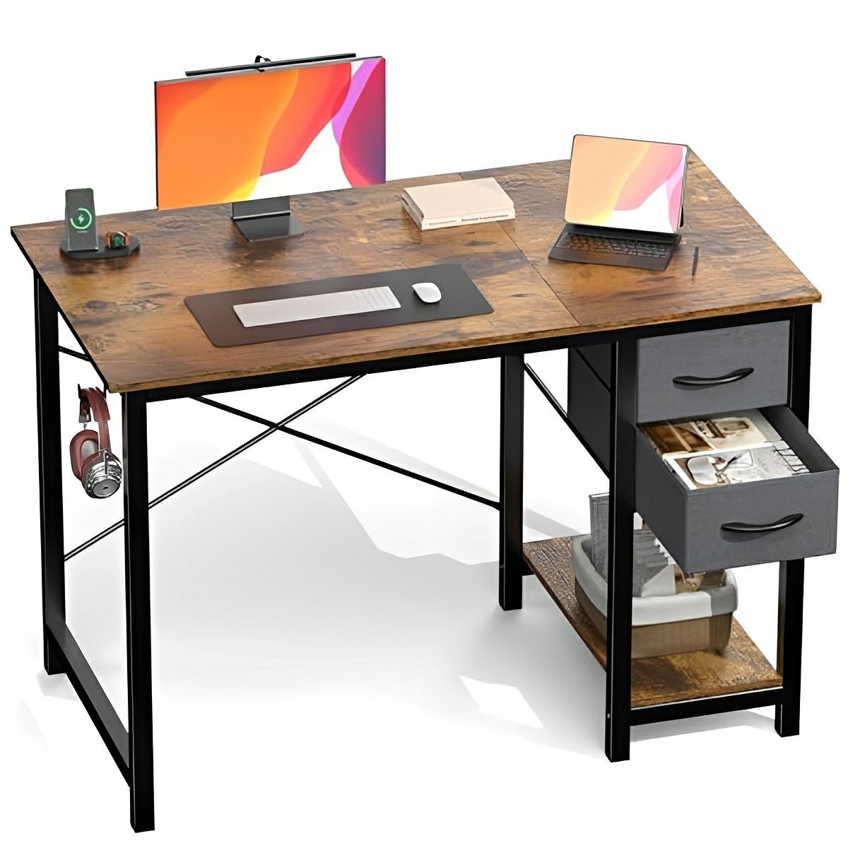 Wooden Writing Desk with Drawer & Hook for Home Office