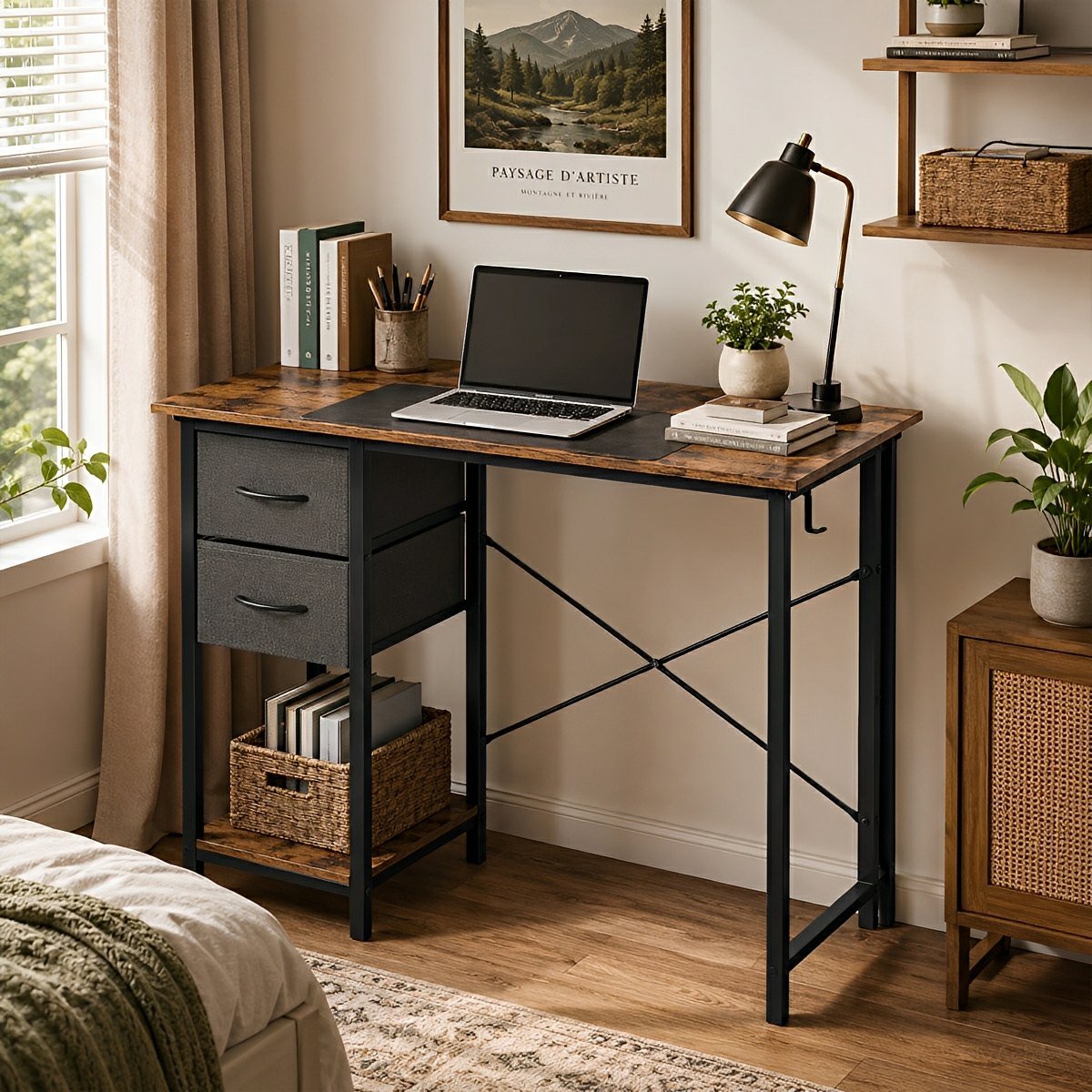 Wooden Writing Desk with Drawer & Hook for Home Office