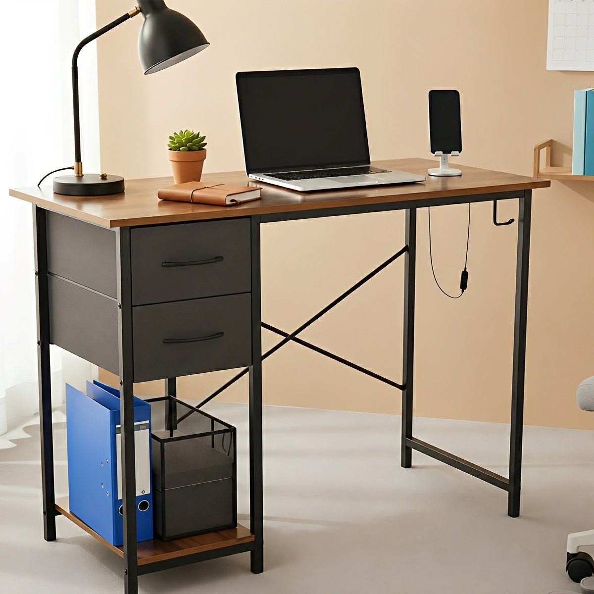 Wooden Writing Desk with Drawer & Hook for Home Office
