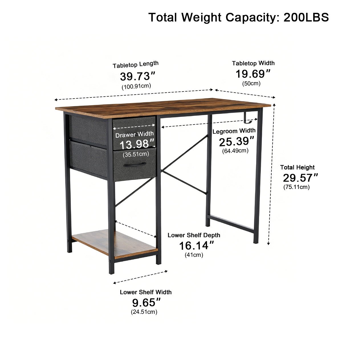 Wooden Writing Desk with Drawer & Hook for Home Office