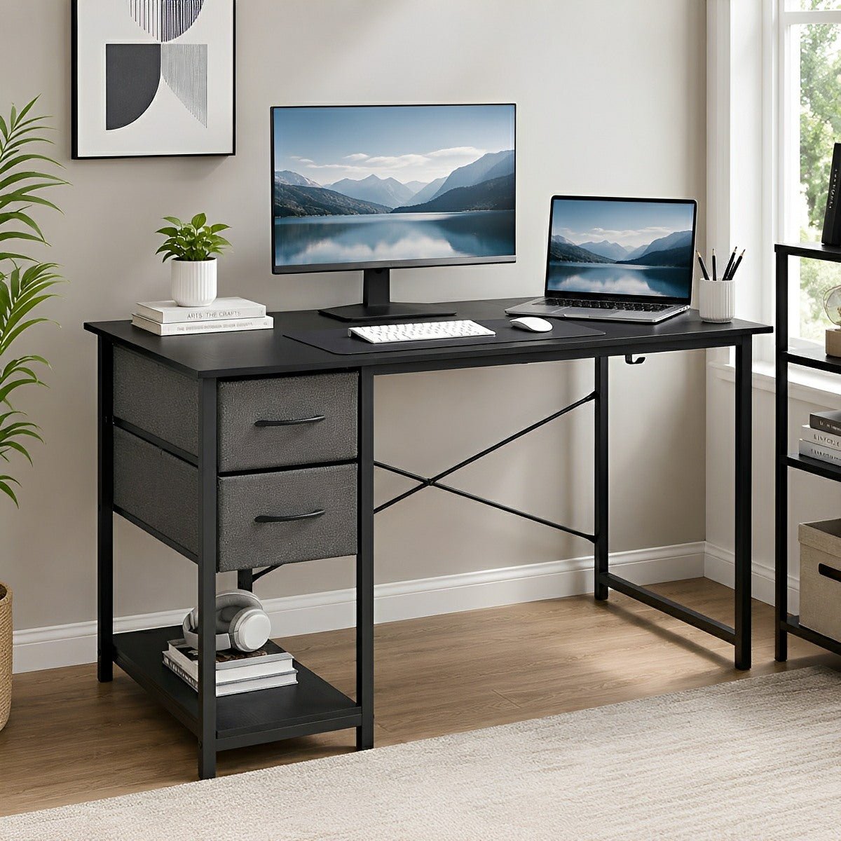 Wooden Writing Desk with Drawer & Hook for Home Office