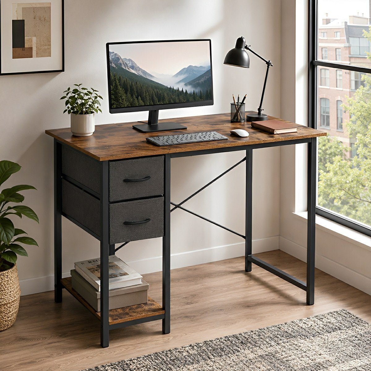 Wooden Writing Desk with Drawer & Hook for Home Office
